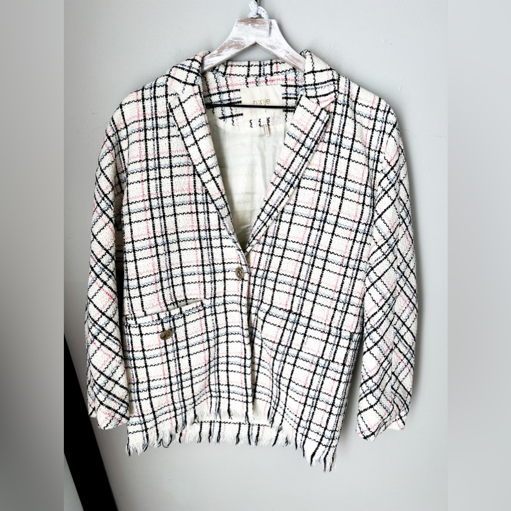 MAJE Tweed Plaid Blazer Jacket Buttons Fringe SZ 34